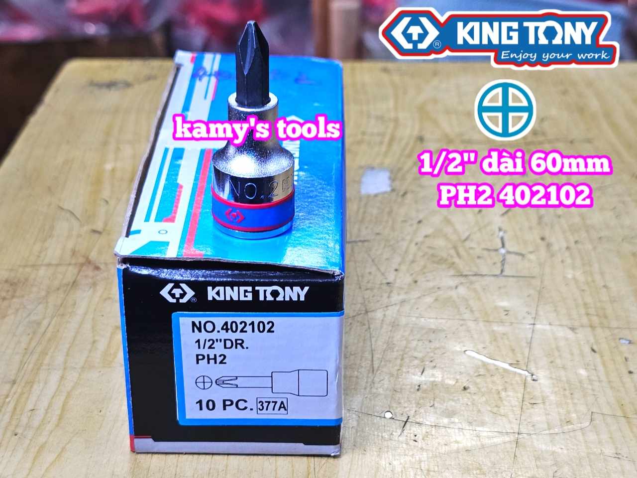 Đầu tuýp 1/2 inch lú đầu mũi vit bake 4 cạnh Kingtony PH2 402102 và PH3 402103