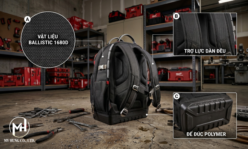 Balo đồ nghề Milwaukee chính hãng sử dụng vải Ballistic 1680D siêu bền