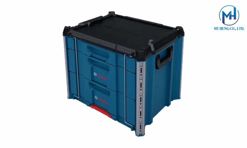 Chi tiết hệ thống 3 ngăn kéo, góc gia cố kim loại và chốt khóa móc của Bosch L-BOXX Contractor 3