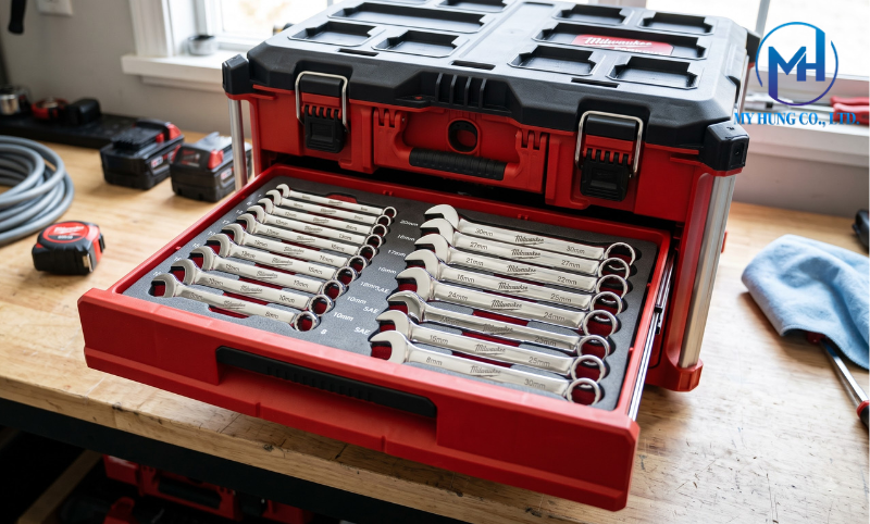 Bảo quản cờ lê Milwaukee trong khay xốp và hệ thống thùng đồ nghề Packout