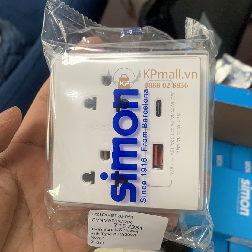 nha phân phối chính hãng ổ cắm dôi 3 chấu vuông kèm ổ cắm usb và type C simon i7 71E7251