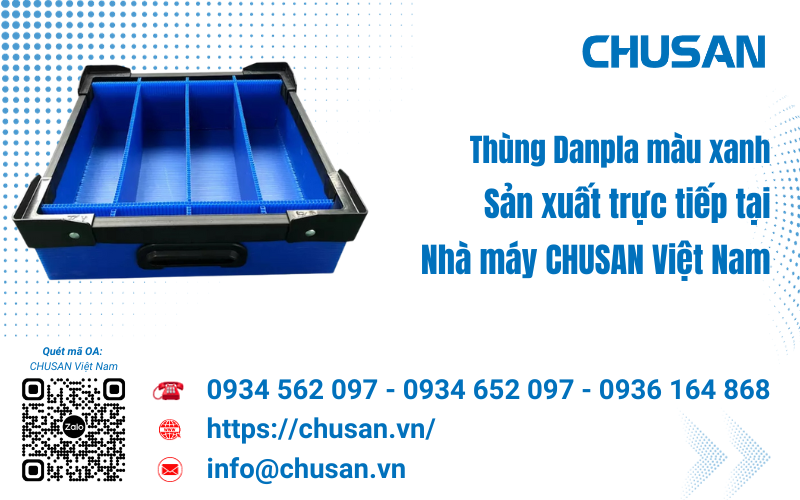 Thùng danpla màu xanh, có vách ngăn, tay cầm sản xuất tại Nhà máy CHUSAN