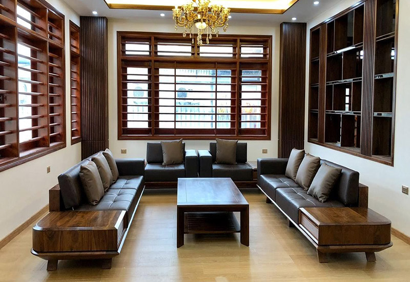 Sofa gỗ đệm da bò chữ U
