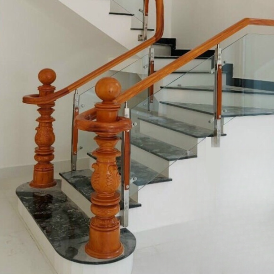 Cầu thang kính tay gỗ | PA09CT