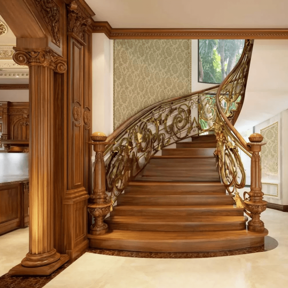 Cầu thang nhôm đúc tay gỗ | PA08CT