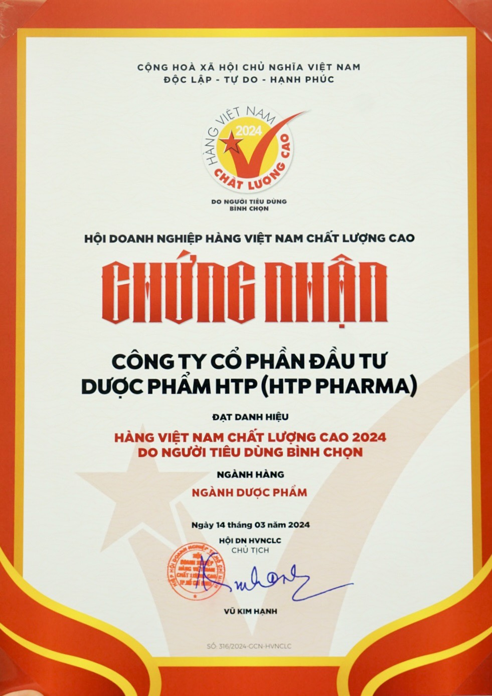 HTP PHARMA – NĂM THỨ 11 LIÊN TIẾP ĐẠT DANH HIỆU HÀNG VIỆT NAM CHẤT LƯỢNG CAO