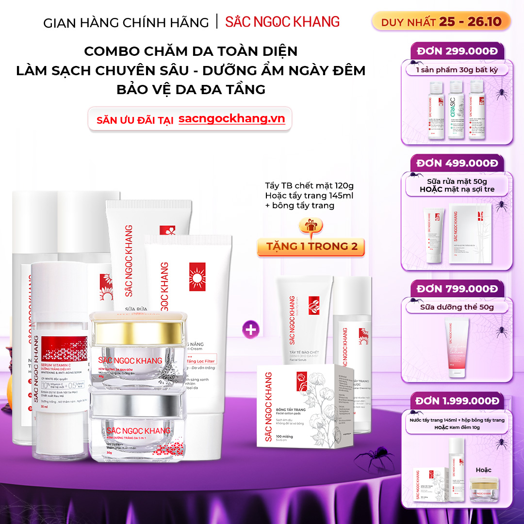 Combo 7 món Sản Phẩm Chăm Sóc Da Toàn Diện Chuyên Sâu Sắc Ngọc Khang (Nước Tẩy Trang Thảo Dược, Sữa Rửa Mặt Thảo Dược, Nước Hoa Hồng Thảo Dược, Serum Siêu Dưỡng Trắng Vitamin C, Kem Dưỡng Da 5 In 1, Kem Dưỡng Ban Đêm, Kem Chống Nắng)
