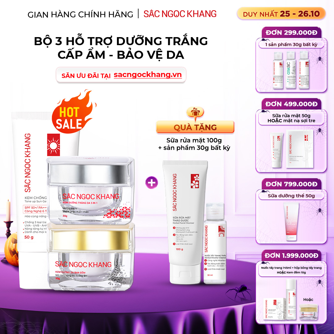 Combo Kem Mờ Nám, Nâng Tông, Bảo Vệ Da Sắc Ngọc Khang (Kem Ngày 30g + Kem Đêm 30g + Kem Chống Nắng SA MẠC)
