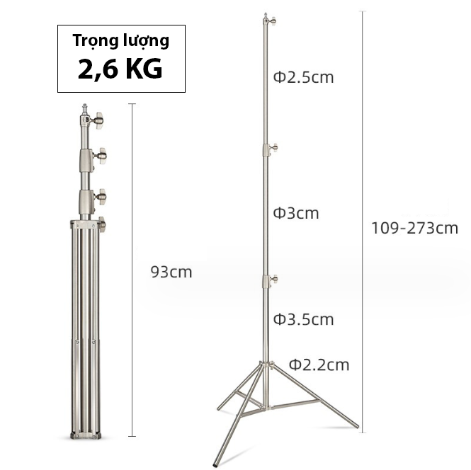 Chân đèn INOX BSL280 chiều cao điều chỉnh 1m-2,8m (tải trọng 10-20kg)