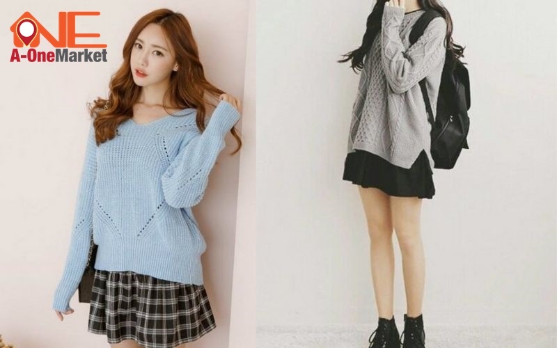 Áo len phối chân váy xếp ly