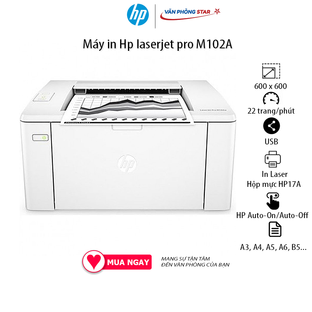 Máy in Hp laserjet pro M102A Tốc độ 22 trang / phút khổ A4, 600 x 600 dpi dùng mực 17A tại vanphongstar chính hãng