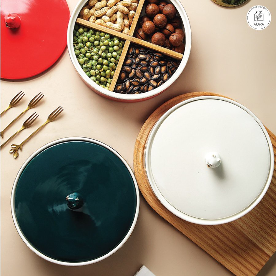Khay Mứt Sứ 4 Ngăn Hoạ Tiết Dát Vàng