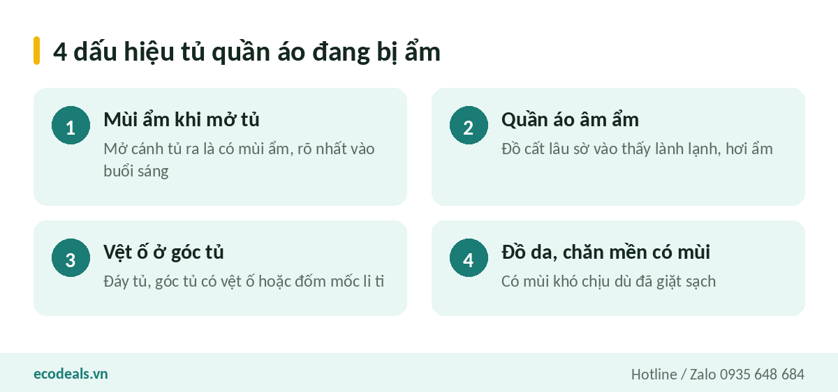 Bốn dấu hiệu tủ quần áo bị ẩm gồm mùi ẩm khi mở tủ, quần áo âm ẩm, vệt ố ở góc tủ và đồ da có mùi