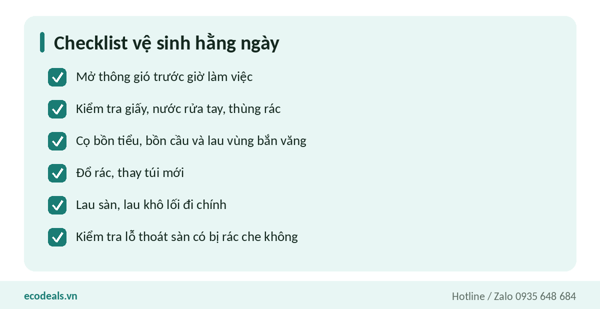 Checklist vệ sinh hằng ngày cho nhà vệ sinh văn phòng gồm thông gió, lau bồn, đổ rác và lau sàn