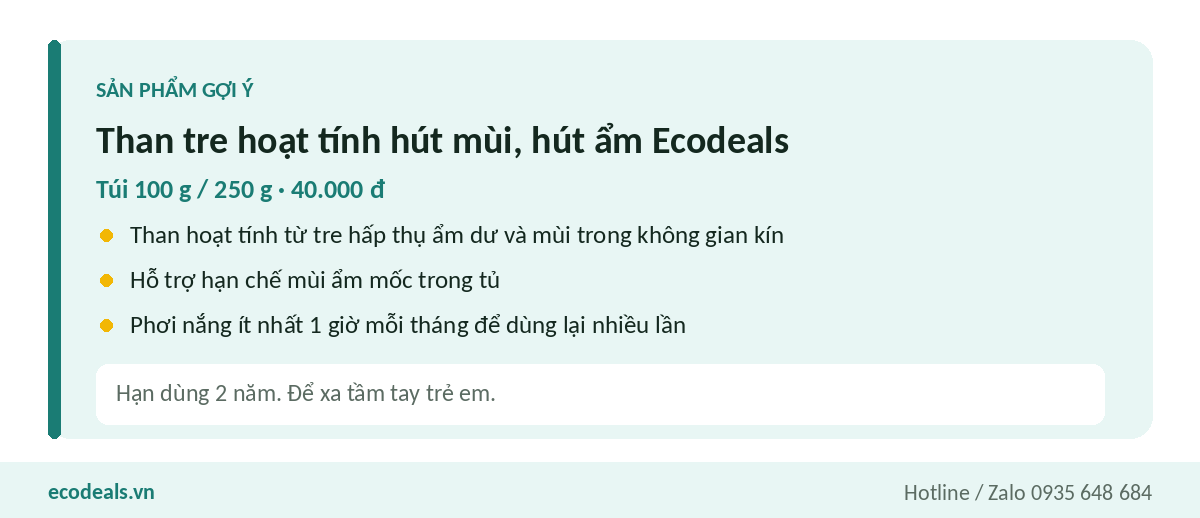 Túi than tre hoạt tính Ecodeals treo trong tủ quần áo để hút ẩm và mùi