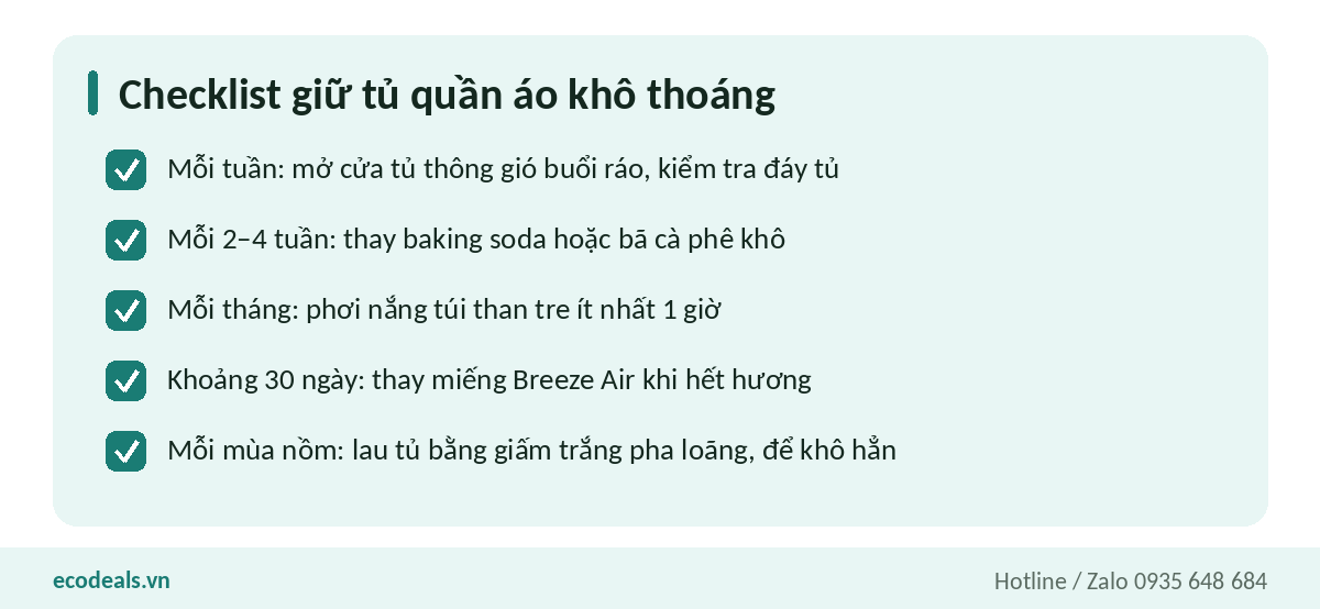 Checklist giữ tủ quần áo khô thoáng trong mùa nồm theo tuần và theo tháng