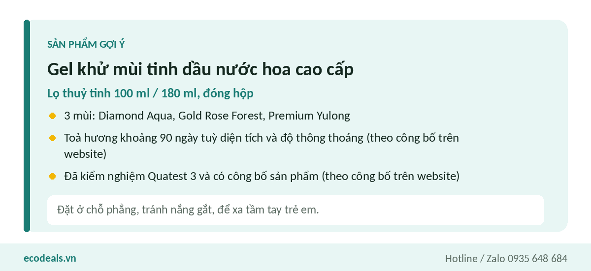 Thẻ thông tin gel khử mùi tinh dầu nước hoa cao cấp Ecodeals
