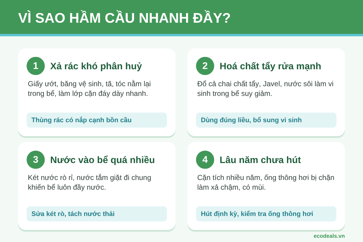 Sơ đồ 4 nguyên nhân khiến hầm cầu nhanh đầy và cách khắc phục tương ứng