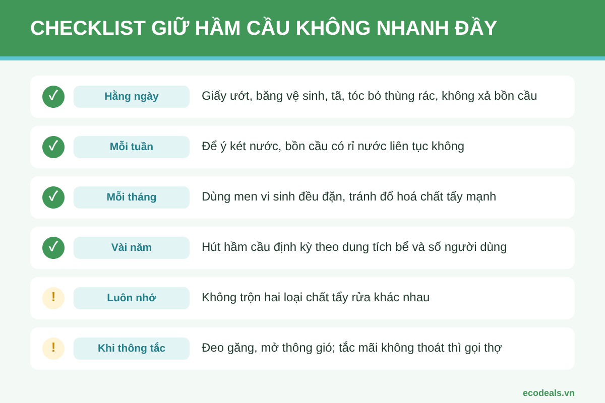 Checklist thói quen giúp hầm cầu không nhanh đầy và các lưu ý an toàn