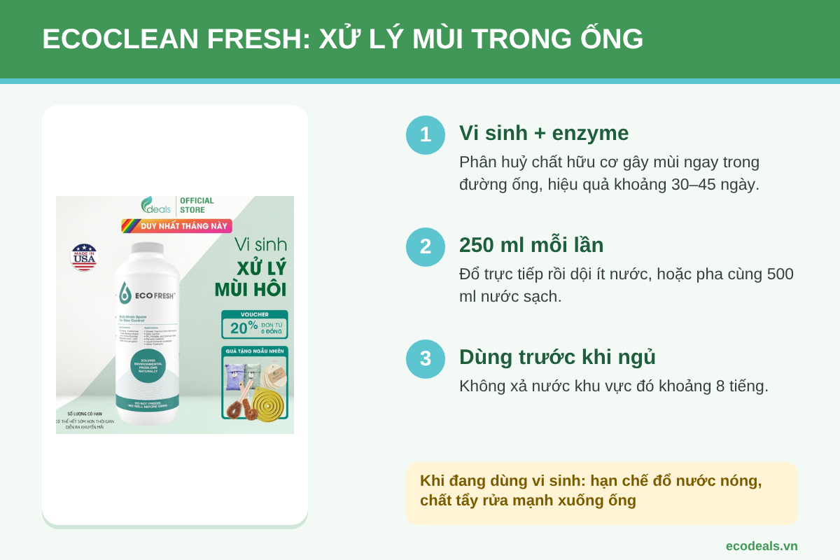Chai vi sinh Ecoclean FRESH 1 lít xử lý mùi hôi đường ống bồn rửa chén