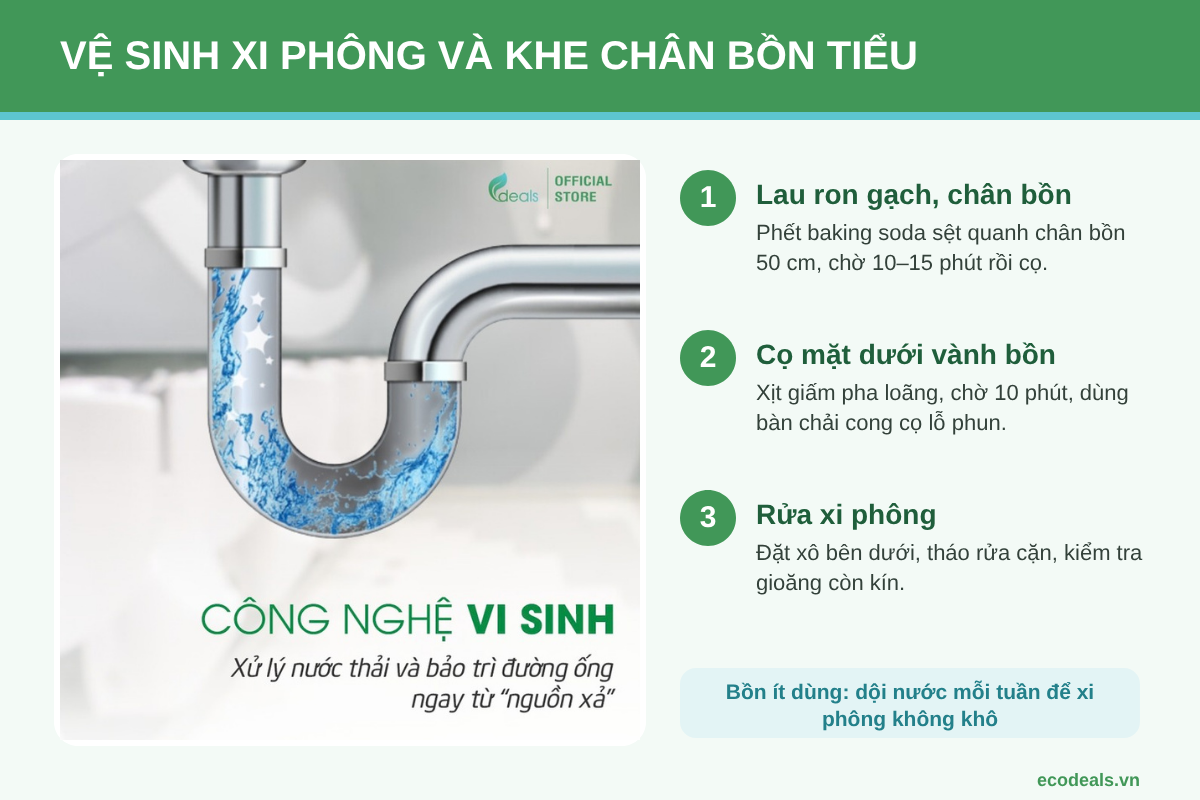 Các bước vệ sinh xi phông, khe chân bồn tiểu và lỗ thoát sàn để giảm mùi khai