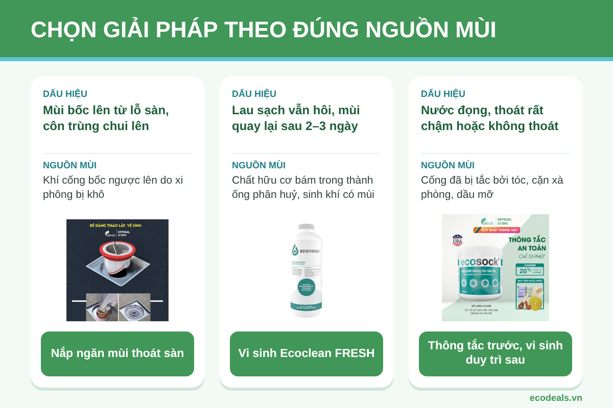 Bảng chọn giải pháp khử mùi hôi cống theo từng nguồn mùi: xi phông khô dùng nắp ngăn mùi, chất hữu cơ bám ống dùng Ecoclean FRESH, cống tắc cần thông tắc trước