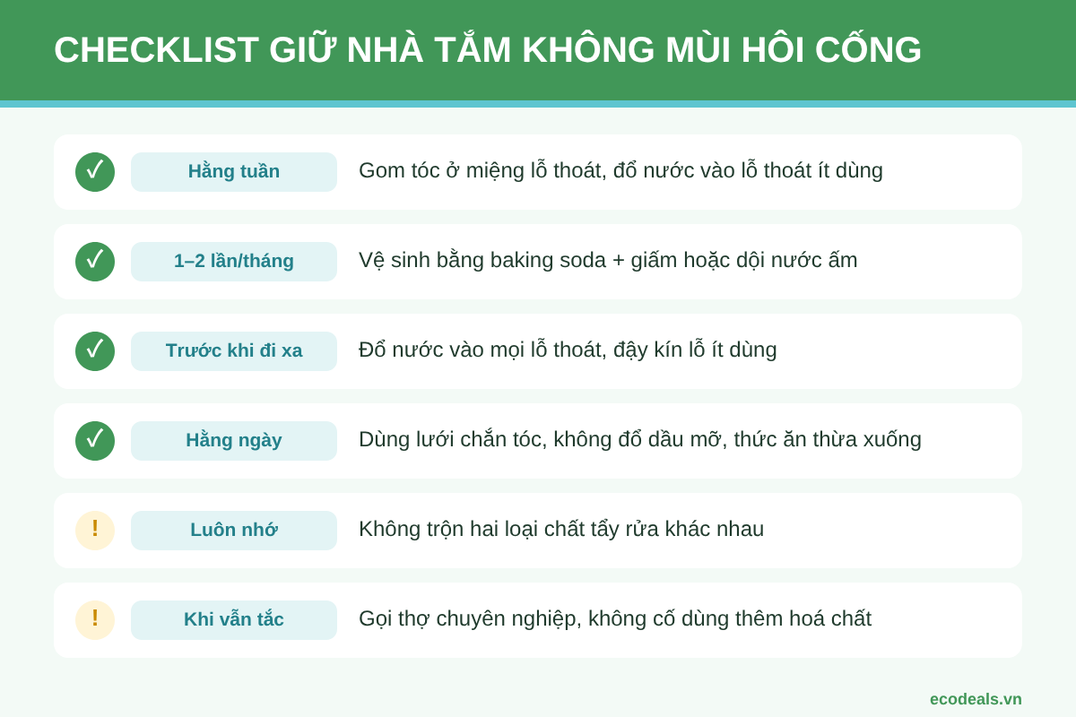 Checklist phòng ngừa mùi hôi cống nhà tắm theo tuần, theo tháng và trước khi đi xa