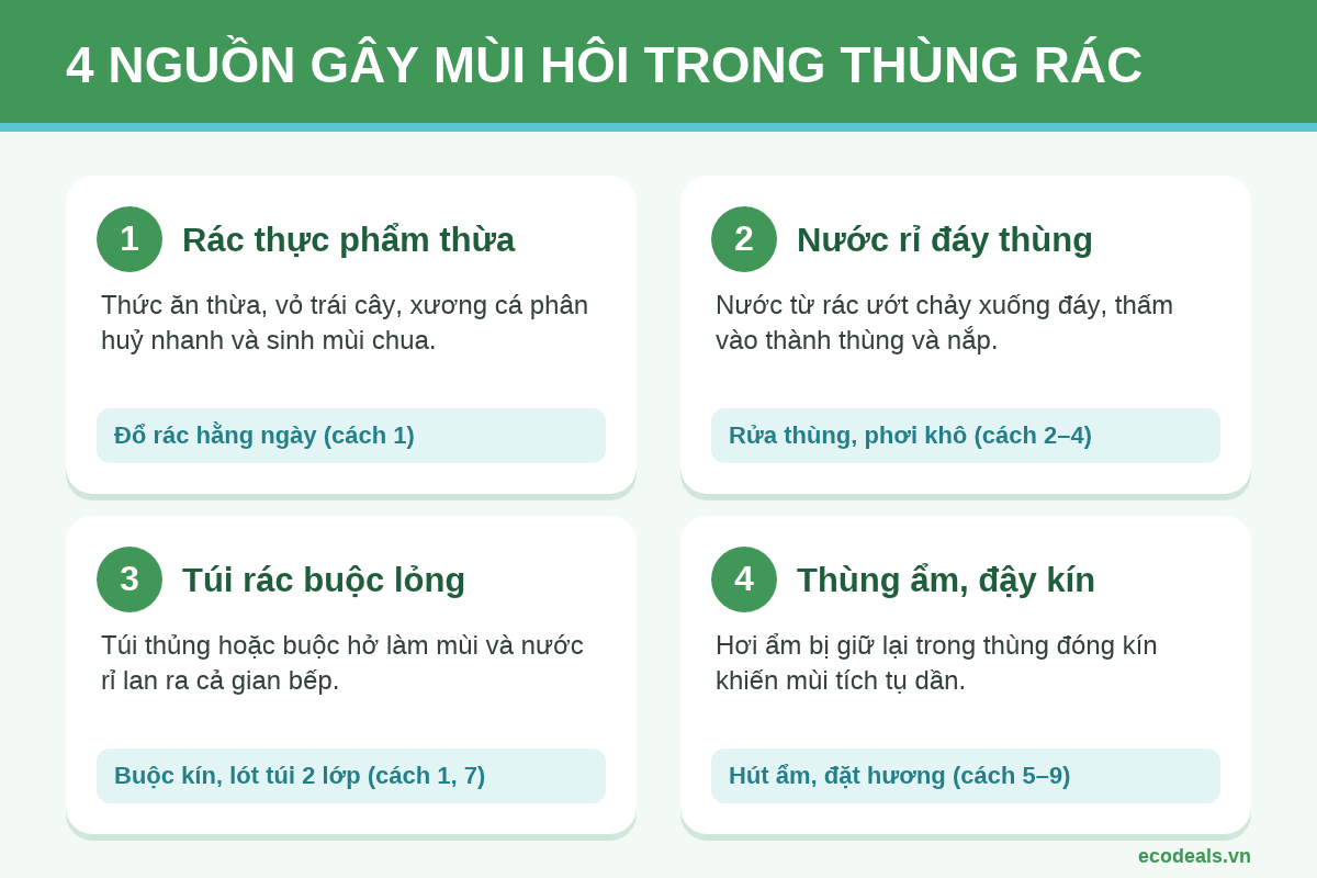 Bốn nguồn gây mùi hôi trong thùng rác gồm rác thực phẩm thừa, nước rỉ đáy thùng, túi rác buộc lỏng và thùng ẩm đậy kín