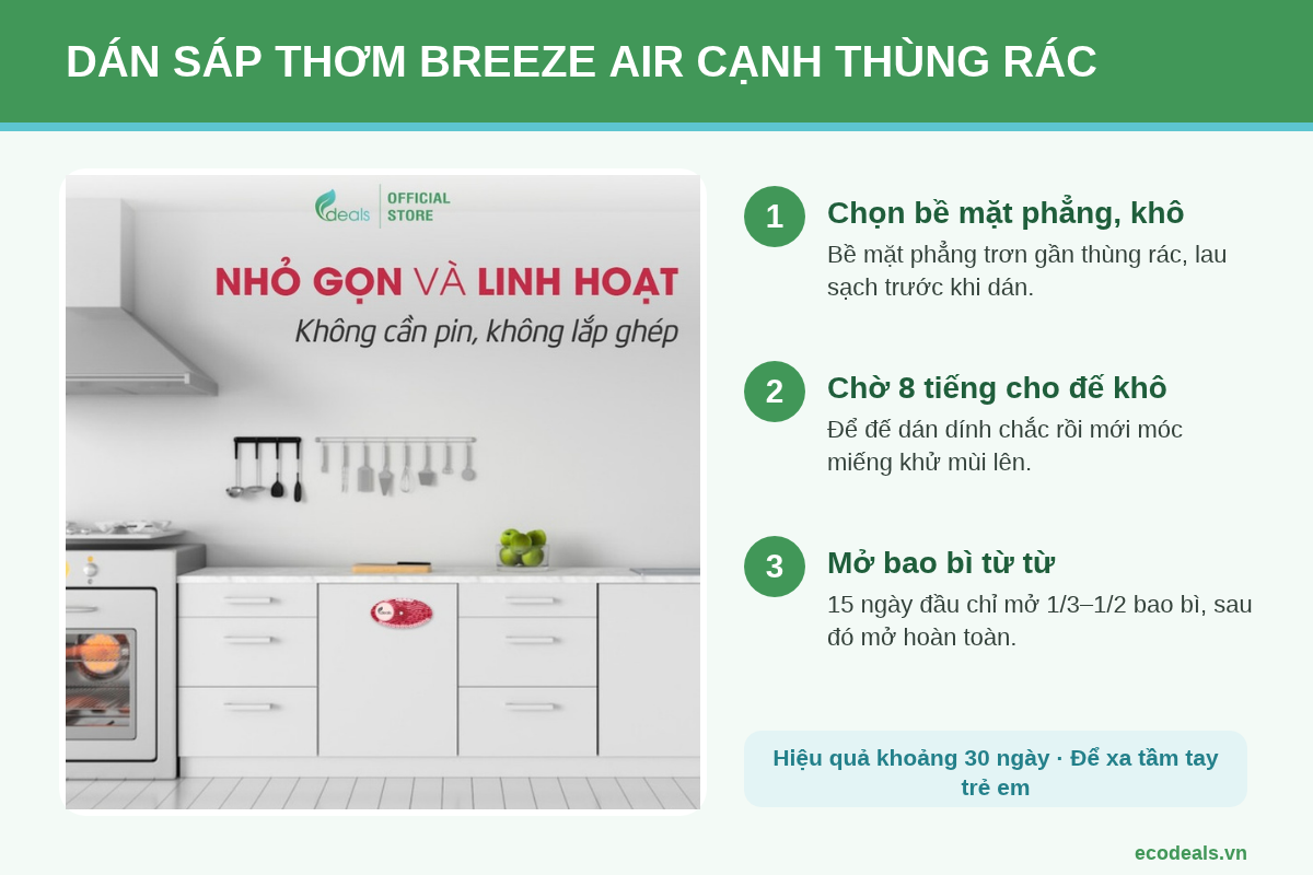 Dán sáp thơm khử mùi Breeze Air lên mặt phẳng gần thùng rác