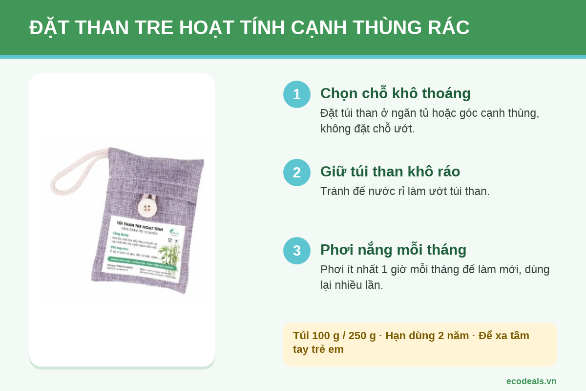 Túi than tre hoạt tính Ecodeals đặt ở ngăn tủ hoặc góc cạnh thùng rác