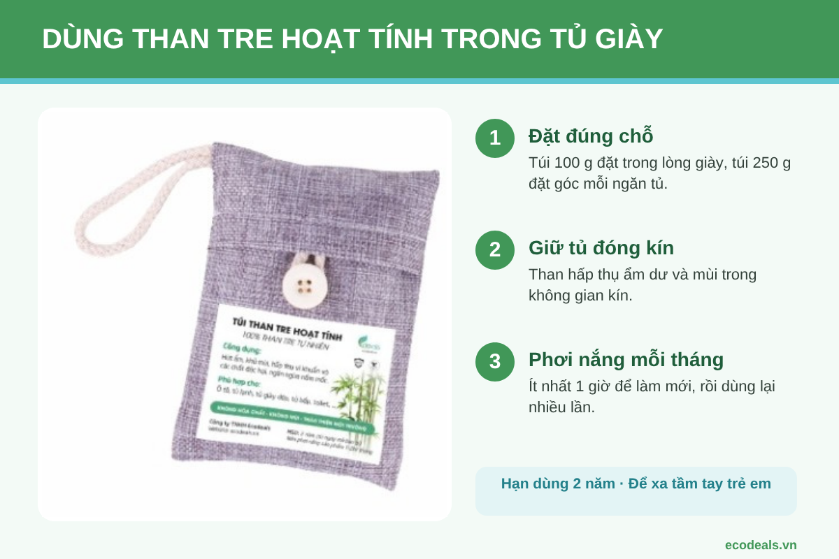 Túi than tre hoạt tính Ecodeals dùng hút ẩm và khử mùi tủ giày
