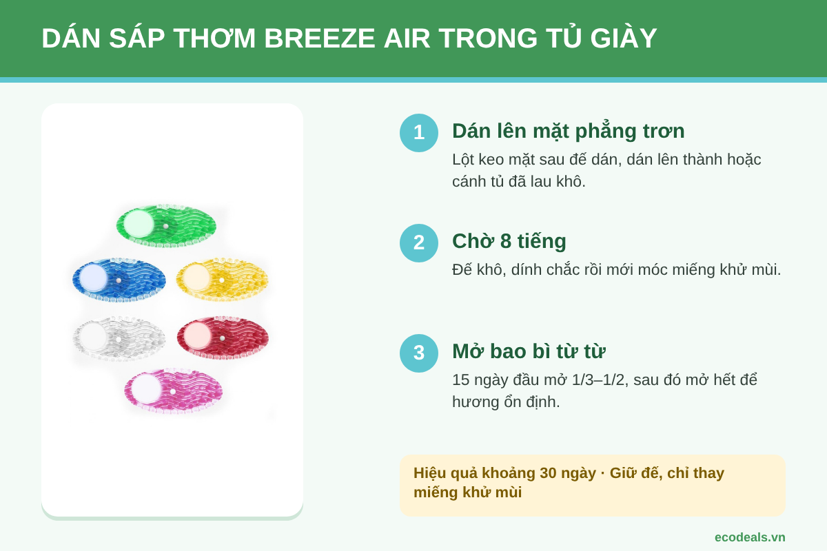 Sáp thơm khử mùi Breeze Air dán trong tủ giày, kèm 3 bước dán đúng cách
