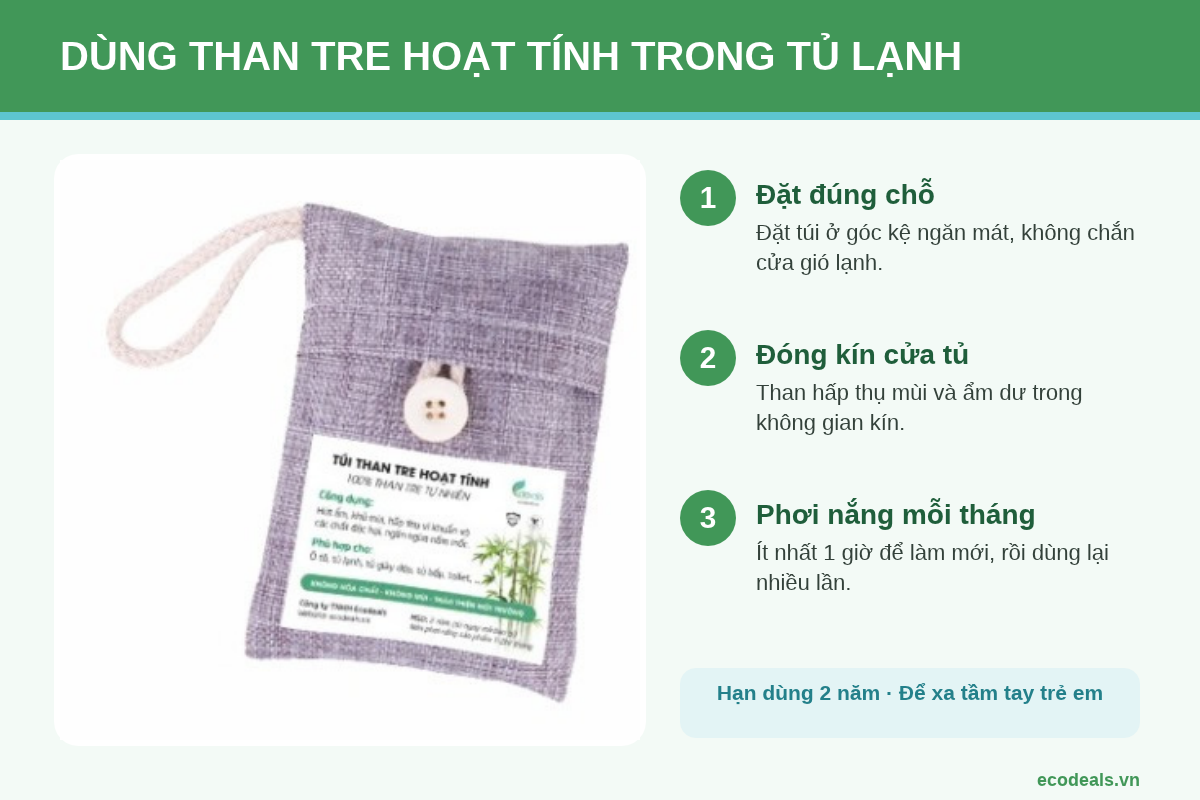 Túi than tre hoạt tính Ecodeals đặt trong tủ lạnh và các bước sử dụng