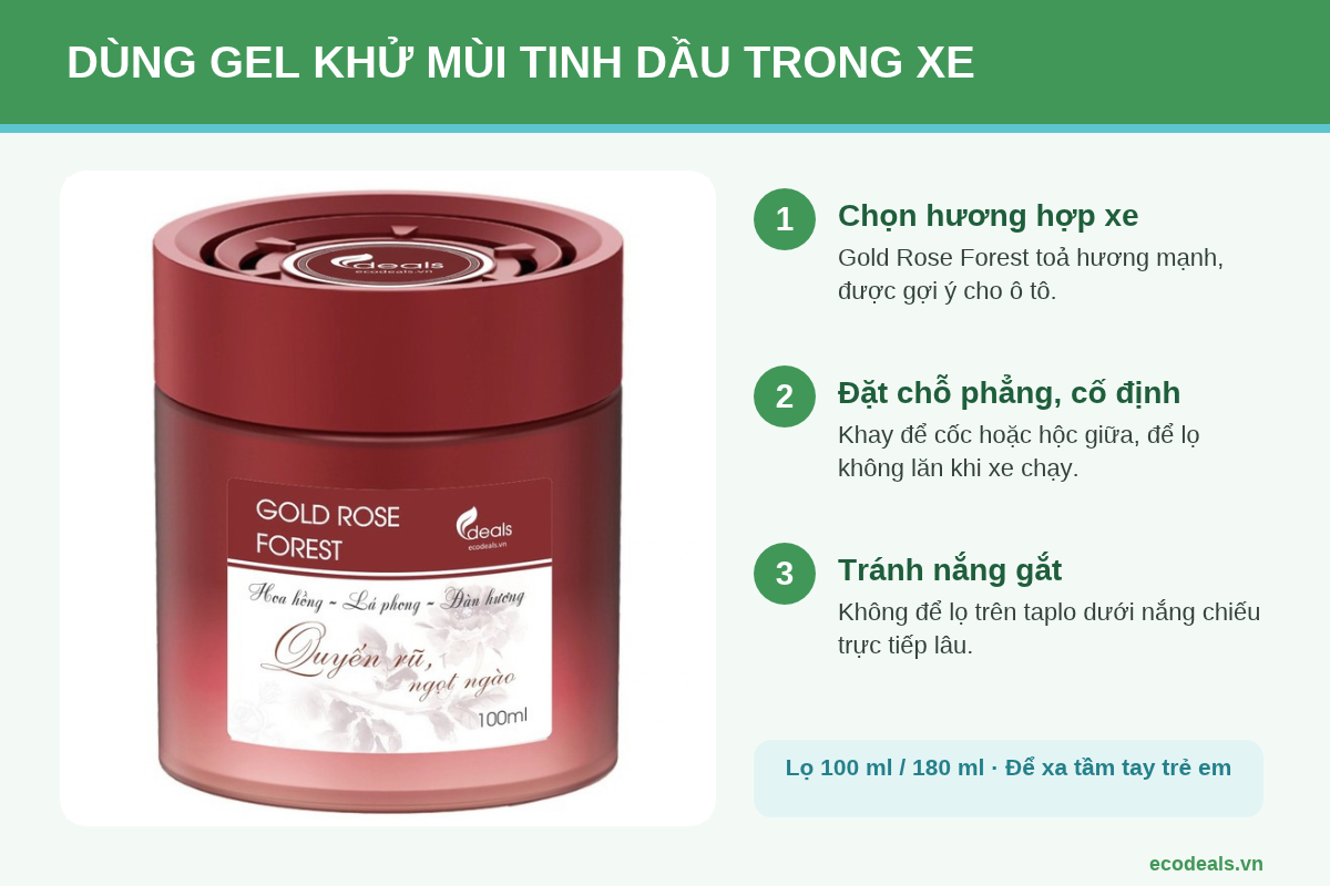 Gel khử mùi tinh dầu Ecodeals hương Gold Rose Forest đặt trong xe ô tô