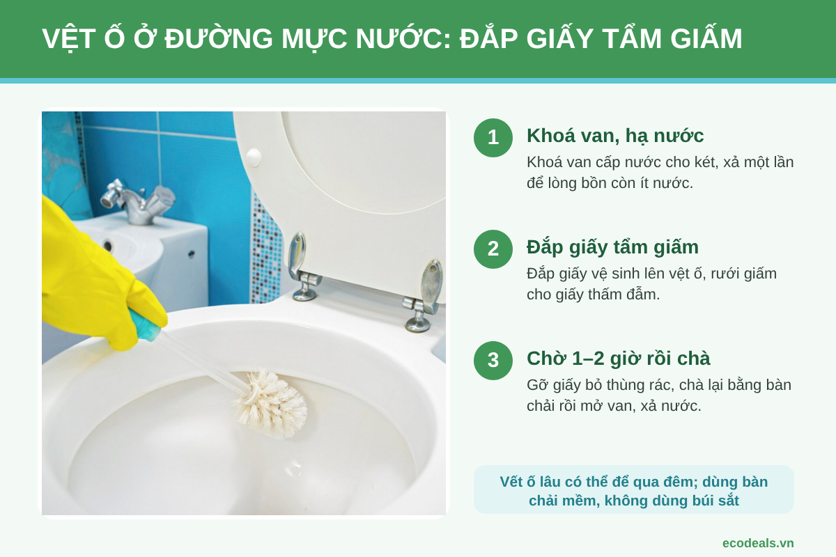 Ba bước xử lý vệt ố ở đường mực nước: khoá van và hạ nước, đắp giấy tẩm giấm, chờ 1 đến 2 giờ rồi chà sạch bằng bàn chải mềm