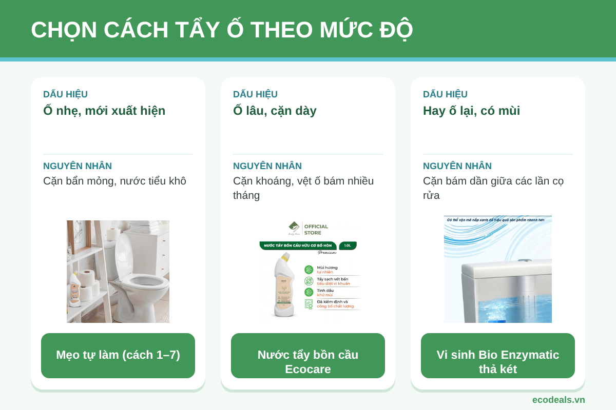 Bảng chọn cách tẩy ố bồn cầu theo mức độ: ố nhẹ dùng mẹo tự làm, ố lâu dùng nước tẩy rửa bồn cầu Ecocare, hay ố lại dùng vi sinh Bio Enzymatic thả két nước