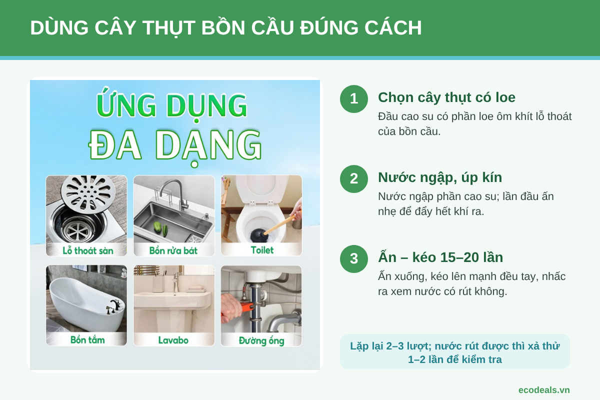 Hướng dẫn 3 bước dùng cây thụt bồn cầu: chọn cây thụt có phần loe, để nước ngập và úp kín, ấn kéo 15 đến 20 lần