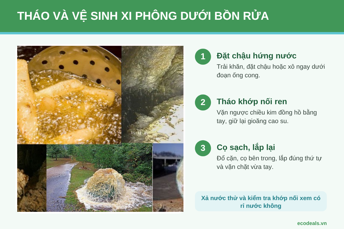 Các bước tháo và vệ sinh xi phông dưới bồn rửa chén: đặt chậu hứng, tháo khớp nối, cọ sạch cặn và lắp lại