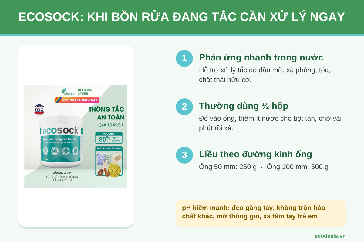 Hộp bột thông cống tức thời EcoSock 500 g dùng thông tắc bồn rửa chén, lavabo và lỗ thoát sàn