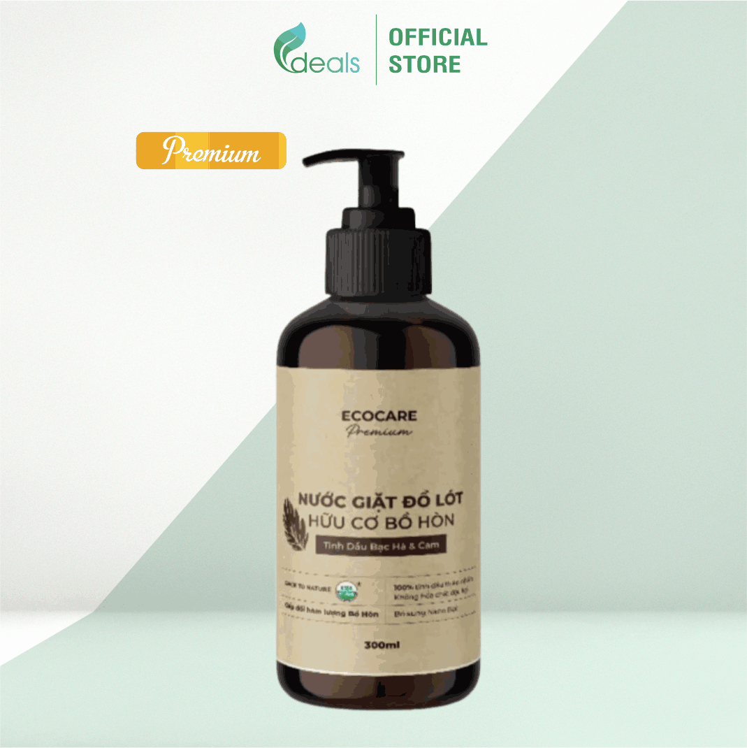 [Premium] Nước giặt đồ lót hữu cơ cao cấp Bồ hòn Ecocare tinh dầu Bạc Hà & Cam 300ml