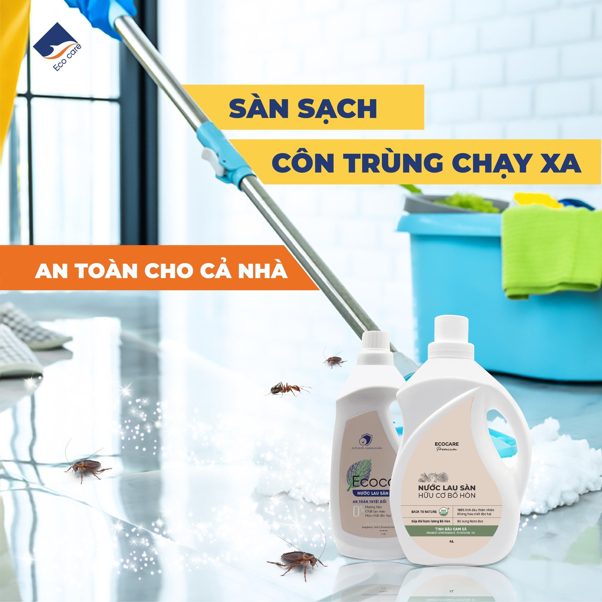 Nước Lau Sàn Bồ Hòn Hữu Cơ Ecocare 2 Lít - Diệt khuẩn, đuổi muỗi, chống trơn trượt