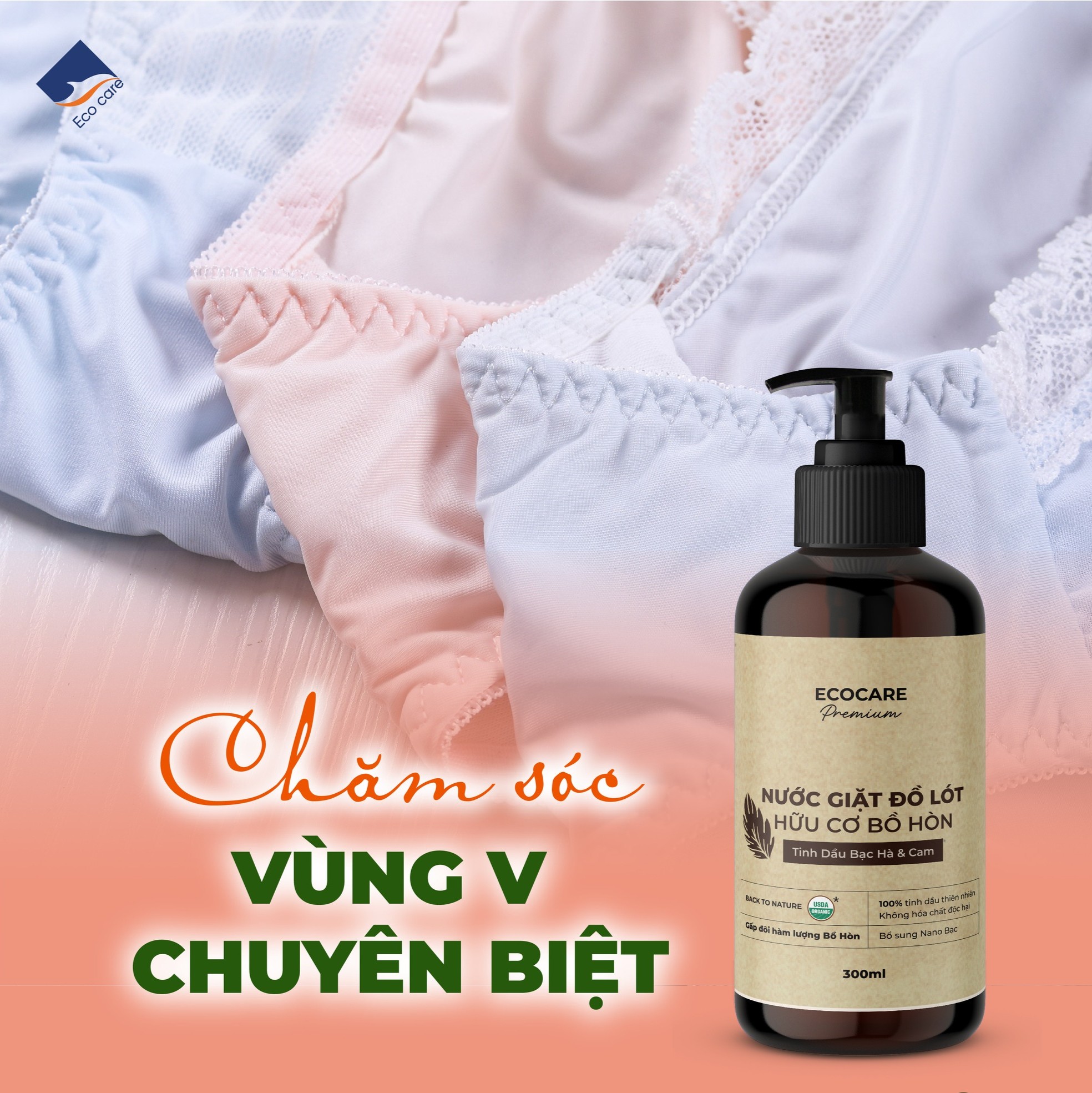 [Premium] Nước giặt đồ lót hữu cơ cao cấp Bồ hòn Ecocare tinh dầu Bạc Hà & Cam 300ml