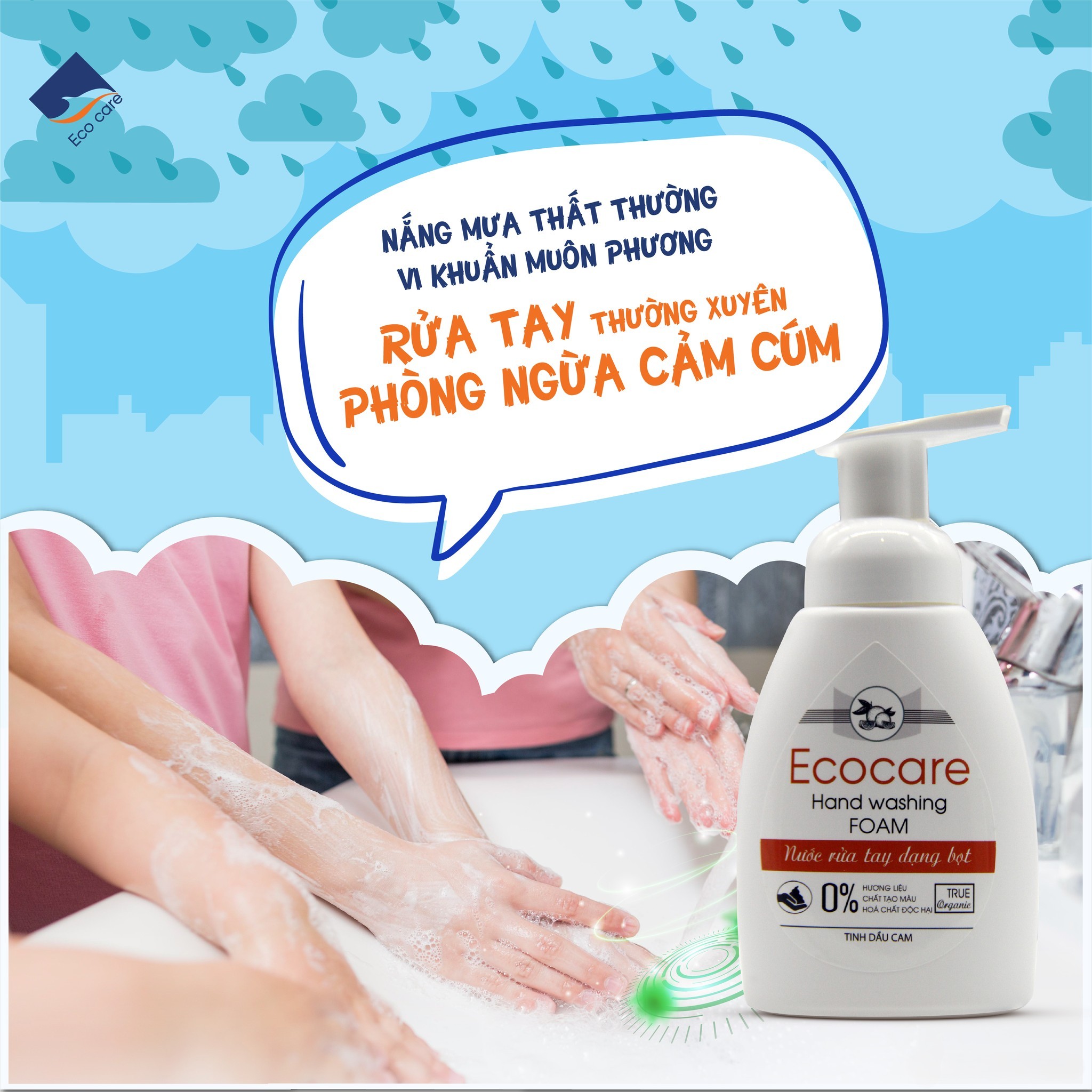 Nước Rửa Tay Bồ Hòn Hữu Cơ ECOCARE 250ml -Sạch khuẩn, chăm sóc da tay, tinh dầu khử mùi