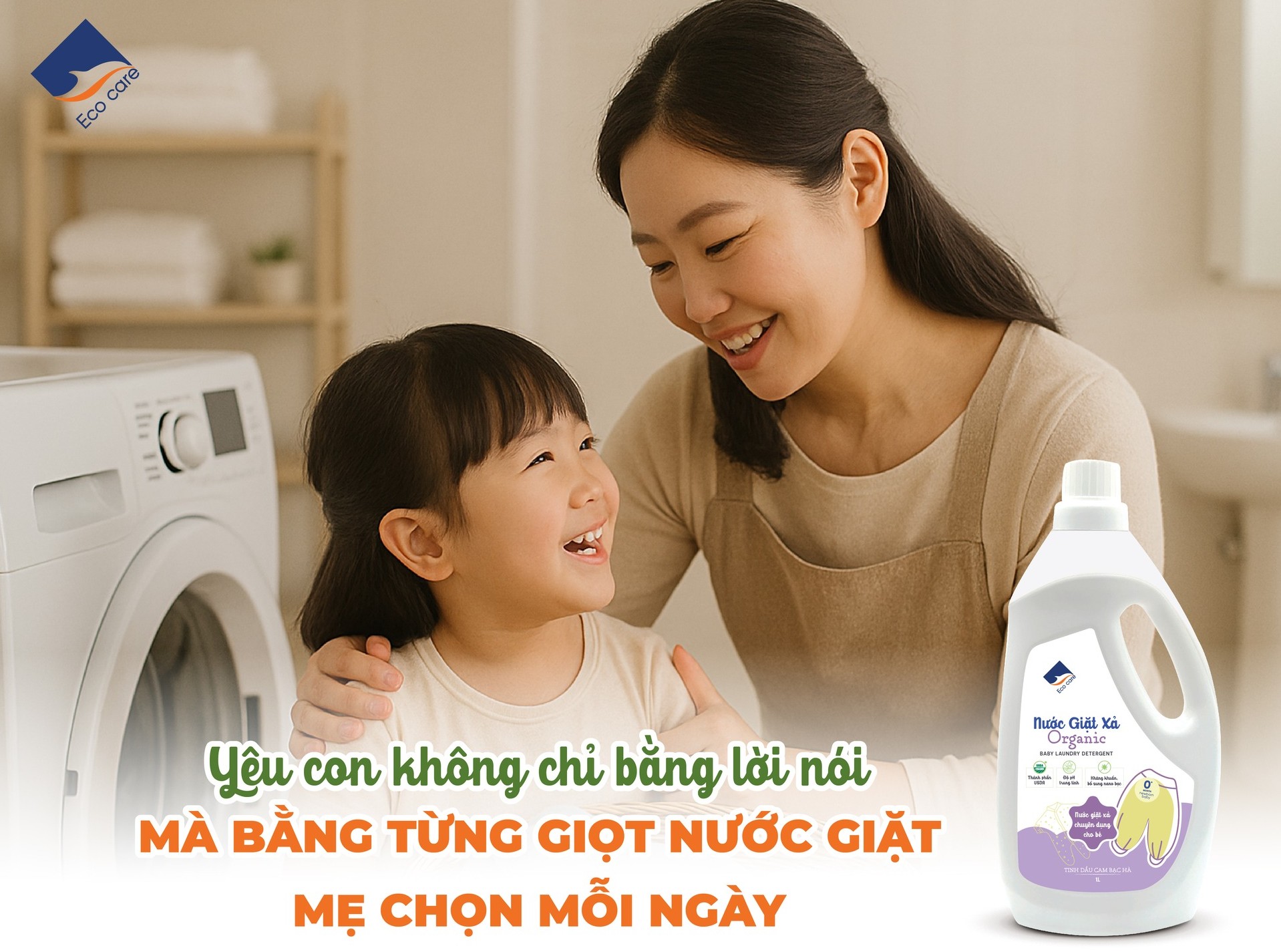 Nước Giặt Xả Hữu Cơ Em Bé ECOCARE 1L - Tinh dầu Cam Bạc hà, PH trung tính, không kích ứng