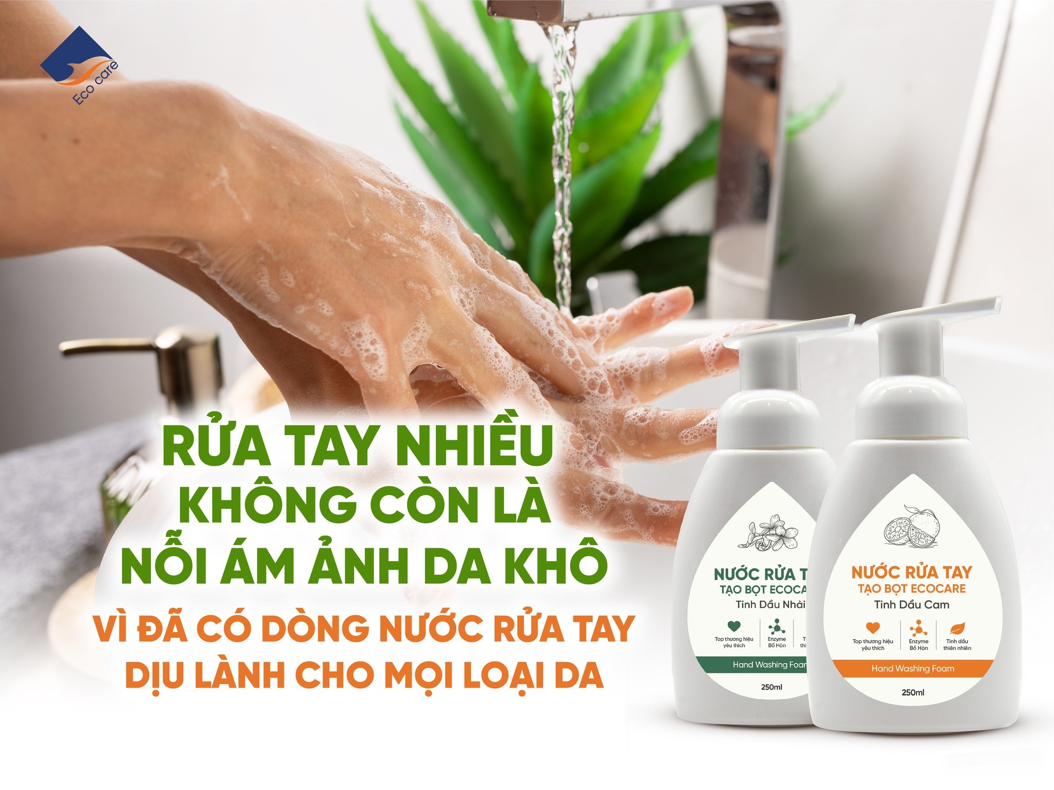 Nước Rửa Tay Bồ Hòn Hữu Cơ ECOCARE 250ml -Sạch khuẩn, chăm sóc da tay, tinh dầu khử mùi