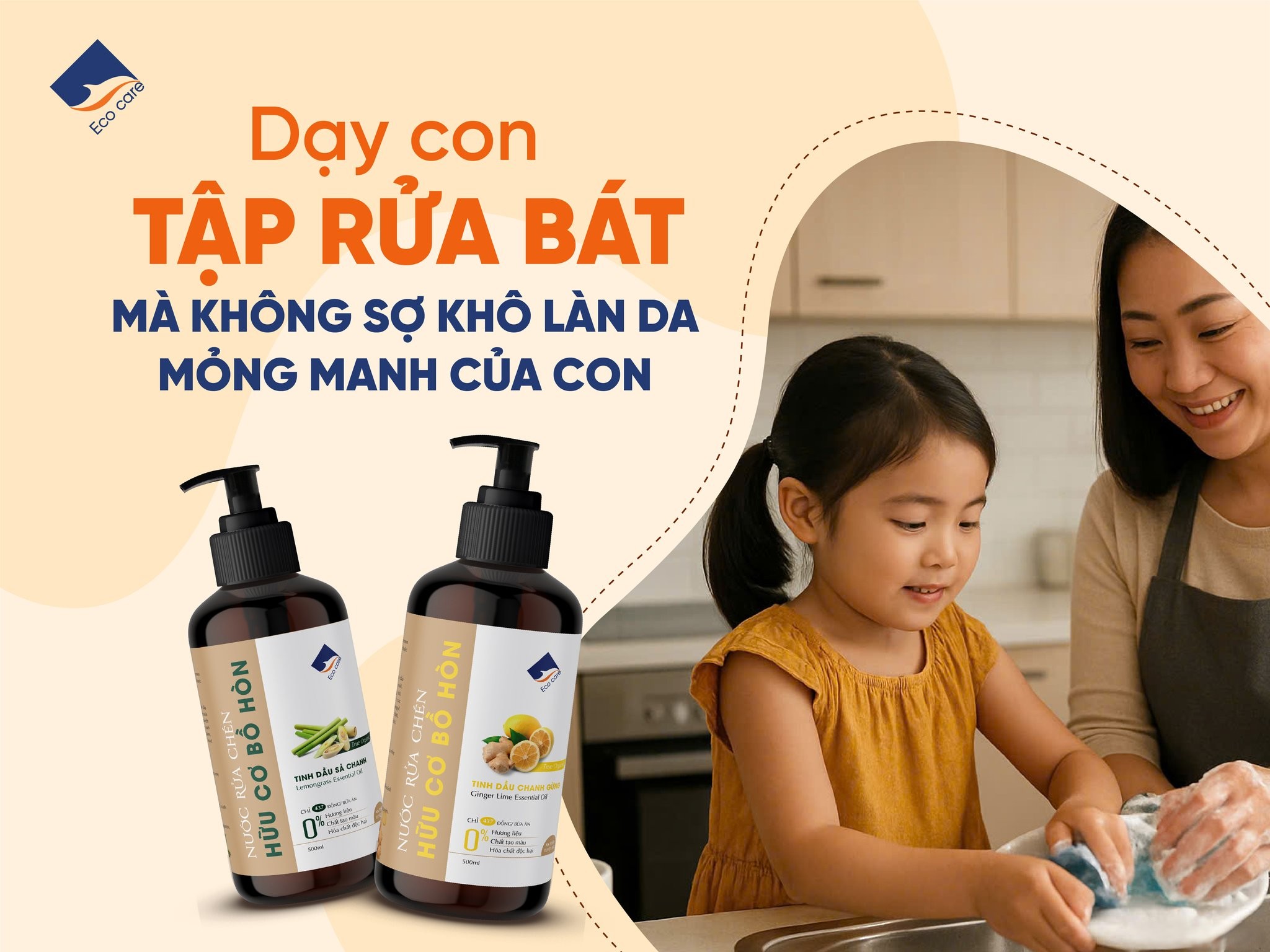 Nước Rửa Chén Bồ Hòn Hữu Cơ ECOCARE 500ml - Diệt khuẩn, sạch dầu mỡ, bảo vệ da tay và tiết kiệm nước