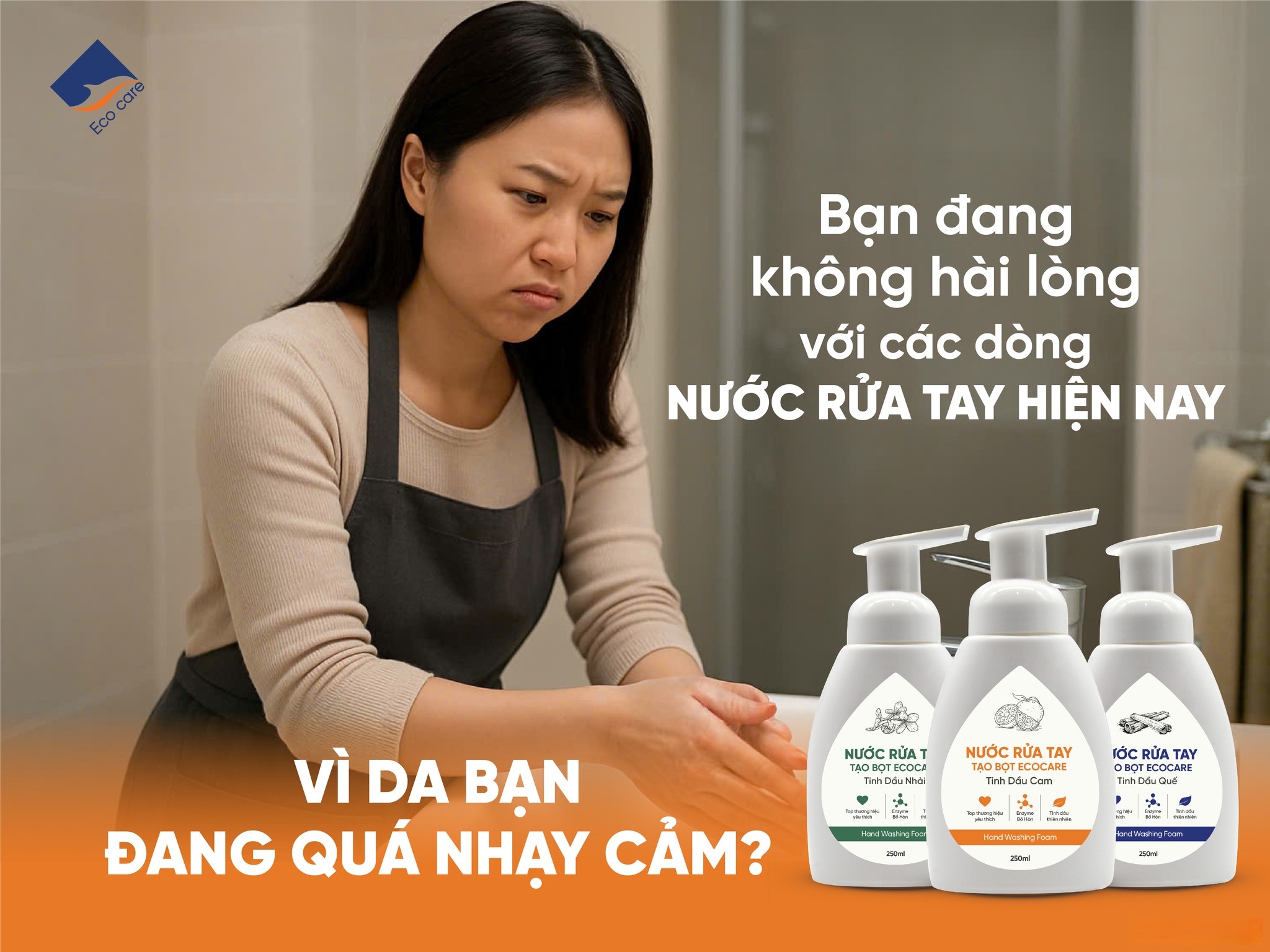Nước Rửa Tay Bồ Hòn Hữu Cơ ECOCARE 250ml -Sạch khuẩn, chăm sóc da tay, tinh dầu khử mùi