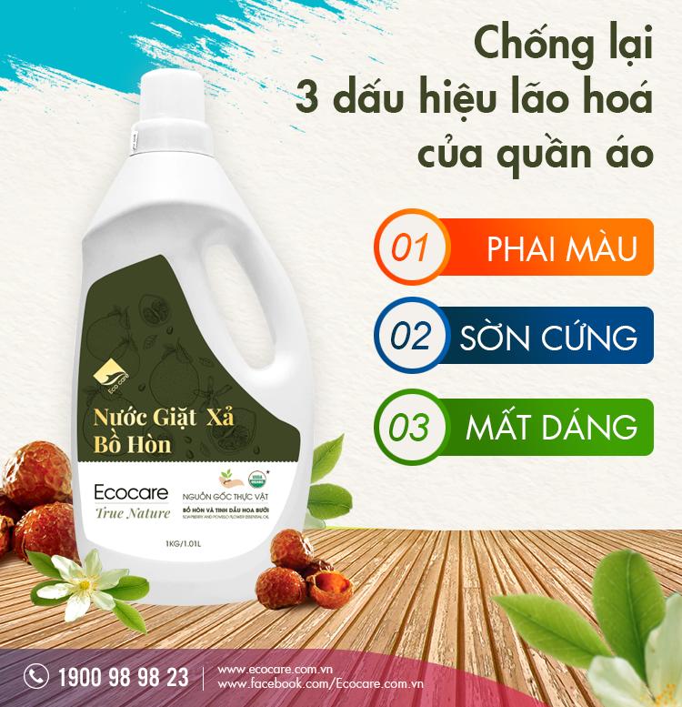 Nước giặt xả hữu cơ Bồ Hòn tinh dầu Hoa Bưởi ECOCARE 4 Lít - Bền màu, giữ dáng, mềm vải, an toàn cho bé