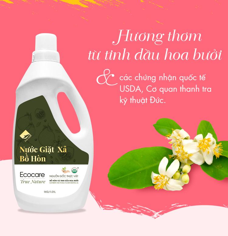 Nước giặt xả hữu cơ Bồ Hòn ECOCARE 2 Lít - Bền màu, giữ dáng, mềm vải, an toàn cho bé