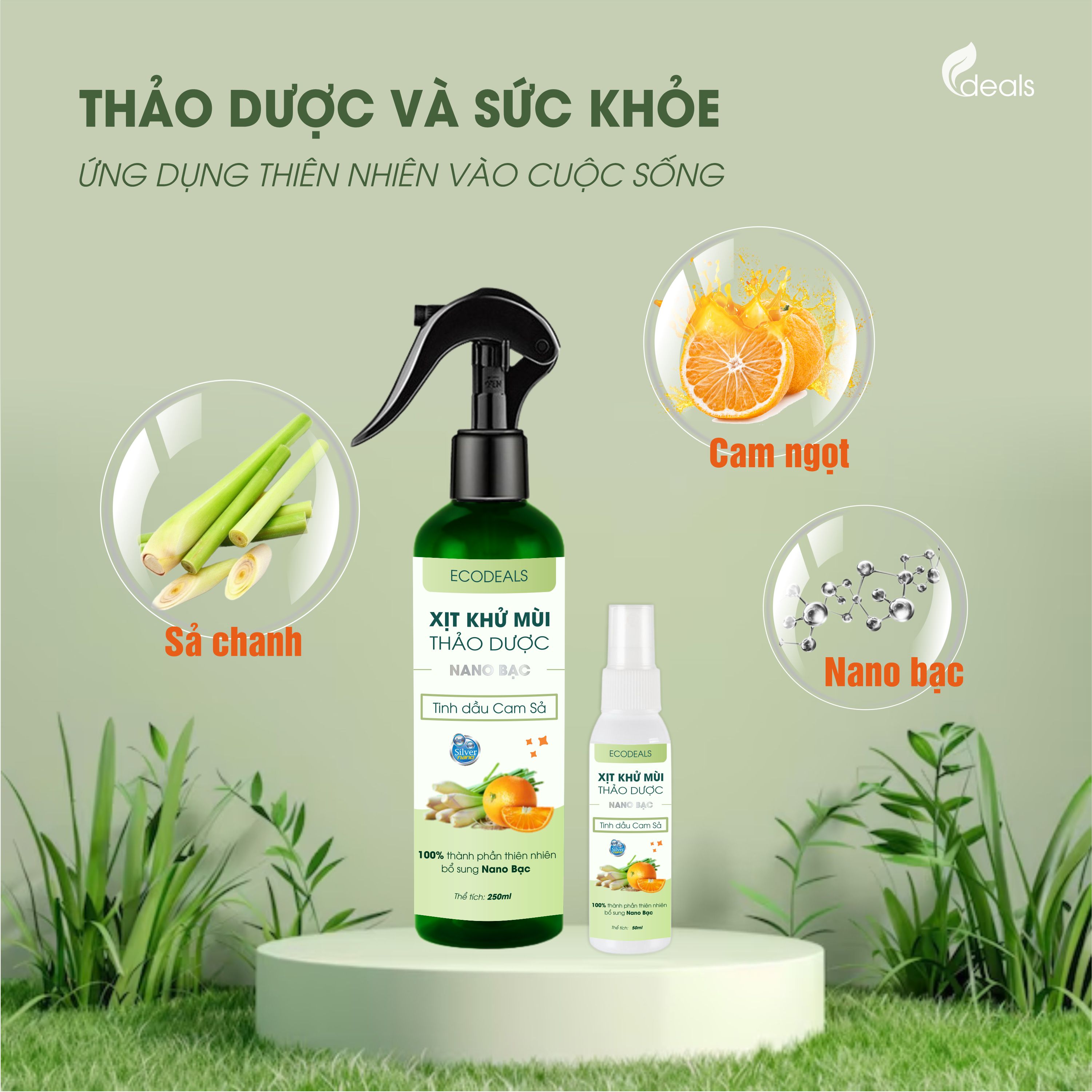 Xịt Khử mùi Kháng khuẩn Nano Bạc ECODEALS - Tinh dầu Cam Sả